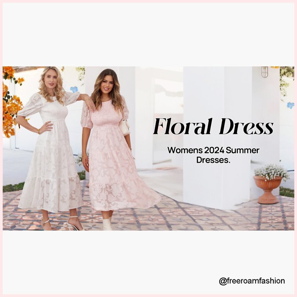 Puff Sleeve Smocked Floral Midi Dress, Crewneck Lace Tiered Summer Dress - Picture 7 of 7